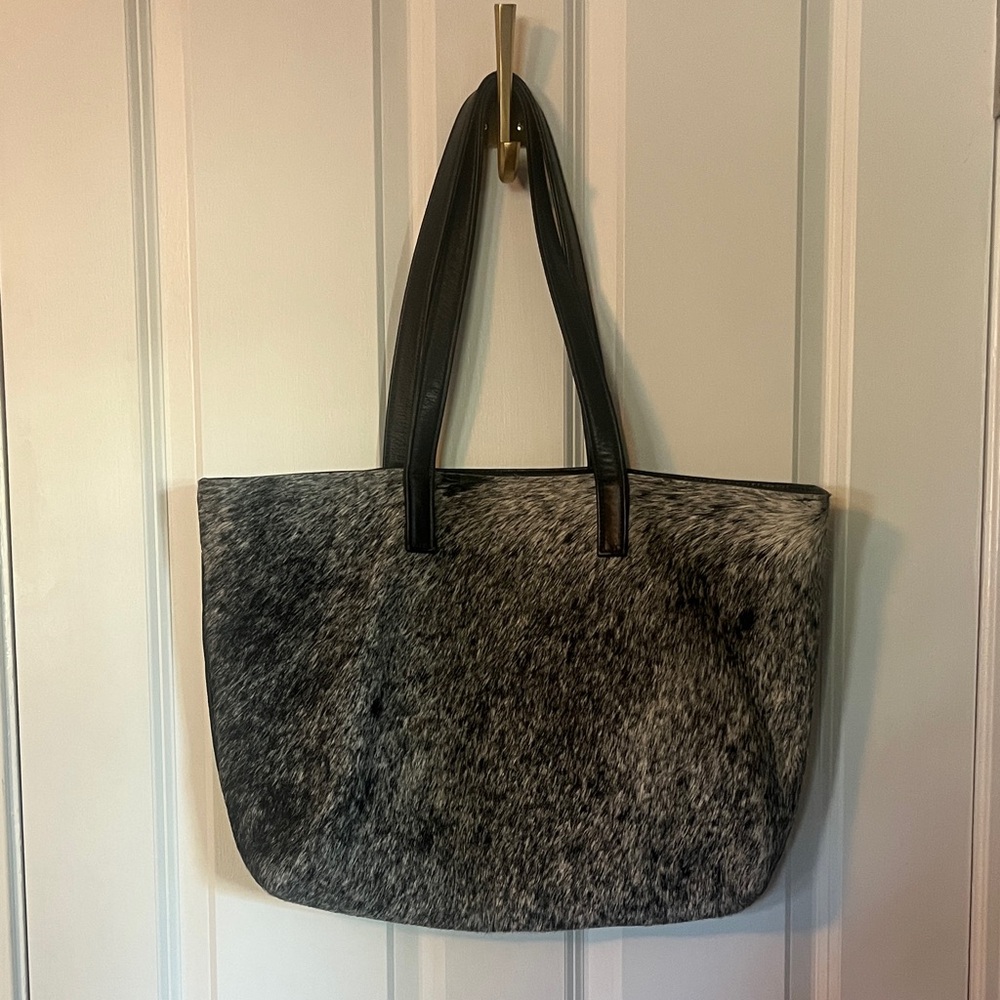 Prime Cut Black and White Calf Hair Tote Bag with Black Handles